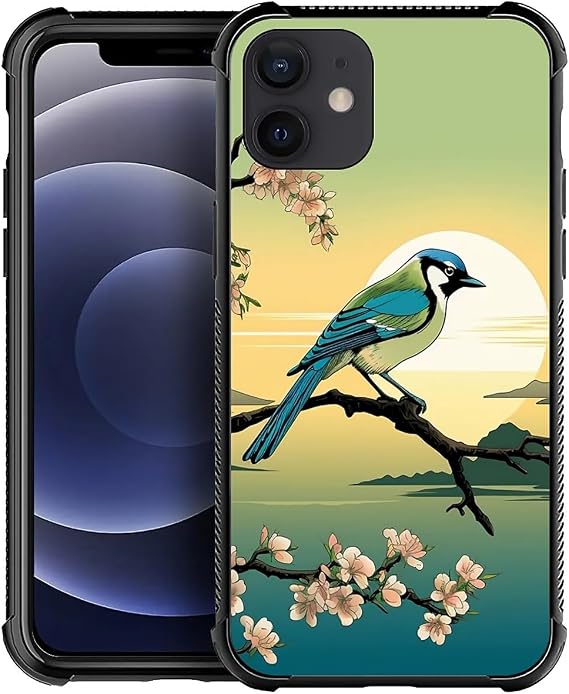 for iPhone 11 Case, Magpie Plum Blossom Sunset Cyan Pattern Graphic Design Girl Boy Soft Silicone Hard Acrylic Shock Protection for iPhone 11