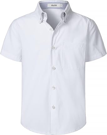 Boys Oxford Button Down Shirt Short Sleeve Formal Uniform Dress Shirts with Pocket