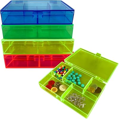 BIN BUDDY Set of 4 | Colored Transparent Plastic Boxes | 4.5 11.4 cm x 3 7.6 cm x 1 2.5 cm | Hinged Lids, 5 Internal Sections | For Crafts, Sewing