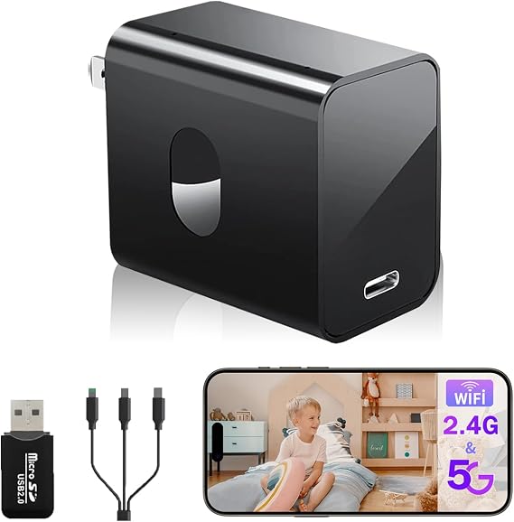 QETATIY 2.4G/5G WiFi Security Camera, 4K Body Camera Charger, Nanny Cam with 160 Wide Angle, Night Version, Motion Detection, Mini Cameras for Home Security