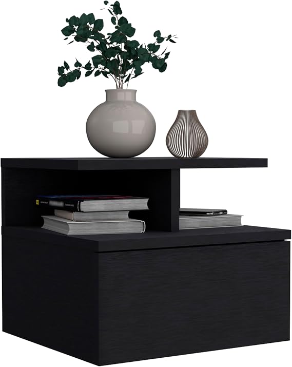 Floating Night Stand - Wall Mount Nightstand with Single Drawer and 2-Tier Shelf, Floating Bedside Table with Wall-Mounting Design and Top Storage, Floating Side Table for Bedroom (Black)