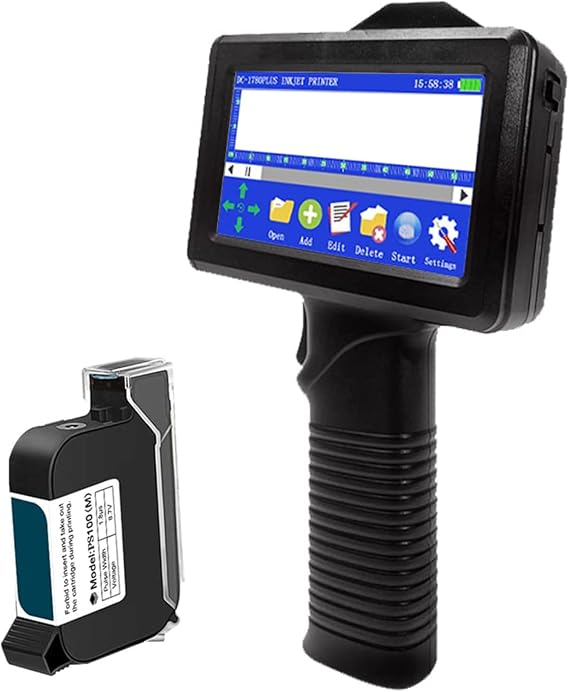 Inkjet printer for any surface with 4.3-inch touch screen and quick-drying ink cartridges, portable 360° all-around encoding machine