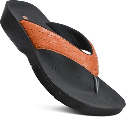 AEROTHOTIC Comfy Flip Flops for Women with Arch Support Orthotic Footbed Stylish Faux Leather Padded Straps with Soft Toe Post &amp; Non-Slip Sole Slip On Casual Indoor and Outdoor Ladies Sandals
