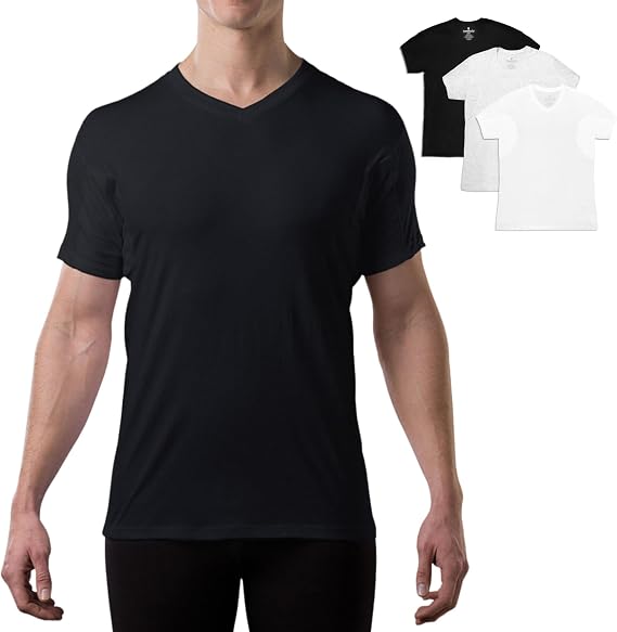 Men's Sweatproof Undershirt | Cotton V Neck | Original Fit | with Sweat Pads | White, Black, Gray | Bundle | Medium