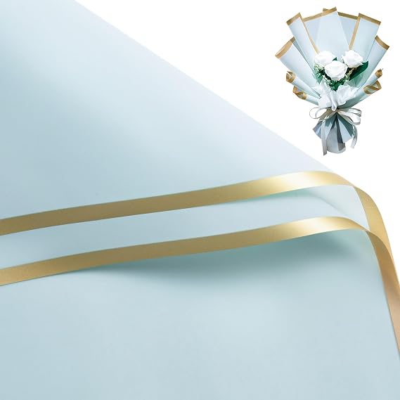 WRAPAHOLIC 20 Sheets Flower Wrapping Paper - 22.4 x 22.4 inch Gold Trim Light Blue Water-Resistant Floral Bouquet Wrapping Paper, Florist Supplies Packaging Paper for Wedding Birthday Gift DIY