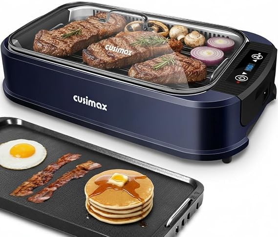Electric Indoor Grill Griddle, CUSIMAX Smokeless Grill, Blue