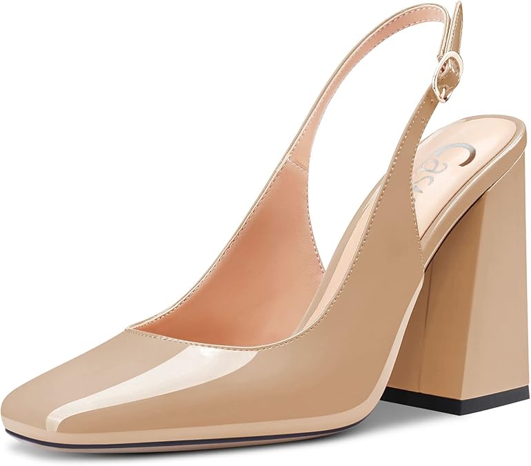 Castamere Women Chunky Block High Heel Square Toe Slingback Pumps Slip-on Clear Dress Sandals 3.9 Inches Heels