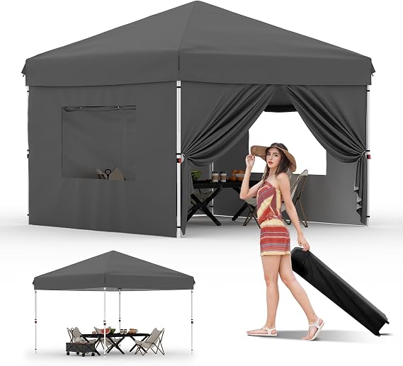 Pop Up Beach Tent 3x3M, Easy Up Canopy Tent with UV Protection, 210D Silver Coated Oxford Fabric, 2 Mesh Windows, 4 Wind Ropes & 8 Stakes, Portable Sun Shelter for Camping & Outdoor (Grey)