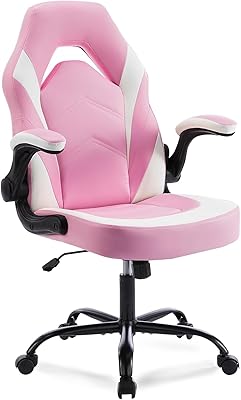 DUMOS Ergonomic Computer Gaming Chair - Home Office Desk with PU Leather Lumbar Support, Height Adjustable Big and Tall Video Game with Flip-up Armrest, Swivel Wheels for Adults, White and Pink