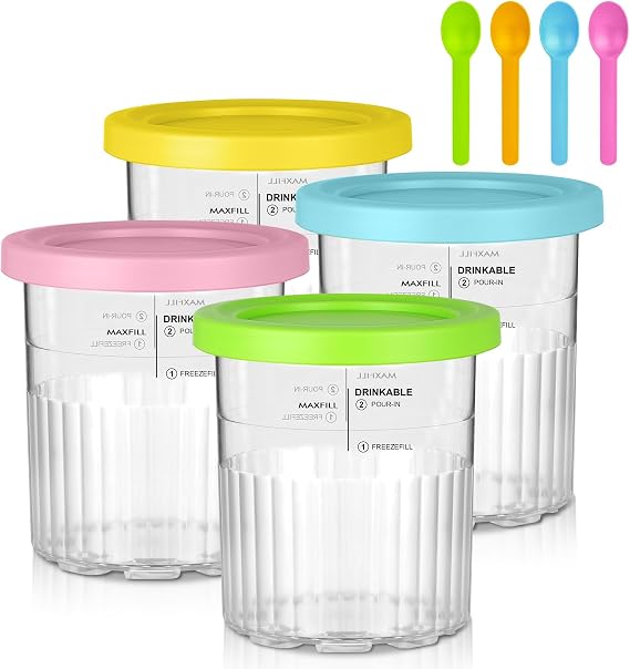 OFFCUP Ice Cream Pint Containers 24oz 4-Pack With Scoops - BPA-Free Reusable Cups for Ninja CREAMi Deluxe NC500 NC501 Series