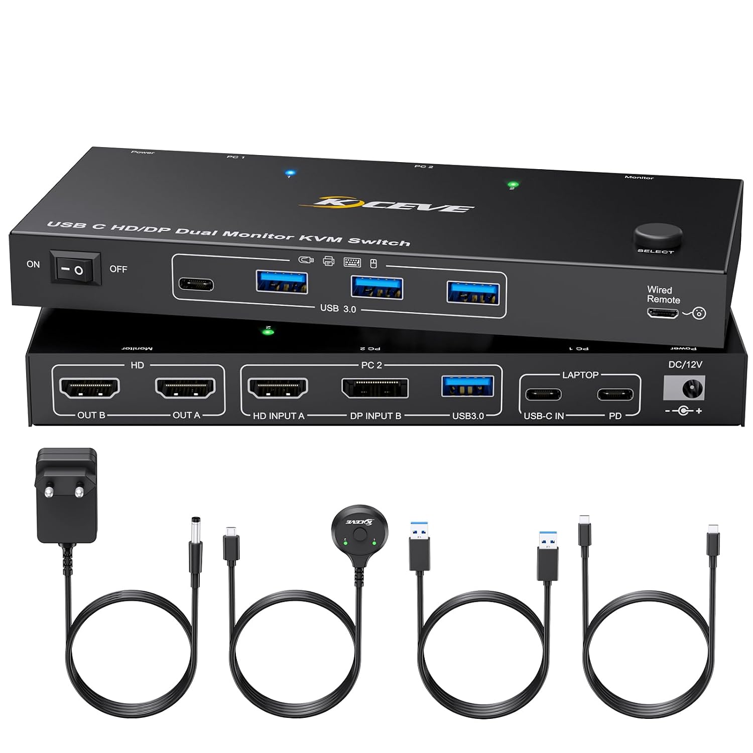 KVM Switch 2 PC 2 Monitors USB C KVM Switch Dual Monitor for Laptop & PC USB 3.0 MST Dual 4K @ 60Hz PD 60W for Laptop HDMI DP KVM Switches USB C with Wired Remote