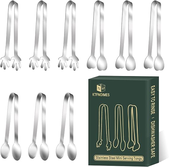 9 Pieces Mini Serving Tongs Stainless Steel Small Serving Utensils Kitchen Tongs Food Tongs Small Kitchen Tongs for Serving Food Ice Cubes Fruits Sugar (4.8 Inch Appetizer Tongs)