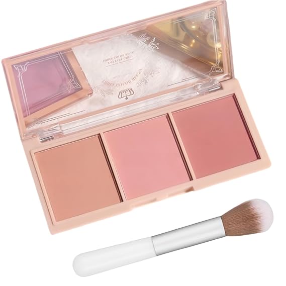 3-in-1 Matte Powder Blush Palette with Pro Brush Versatile Face Makeup Contour Kit for All Skin Tones Long-Lasting, Blendable Cheek Color Trio Travel Size for Natural Beauty