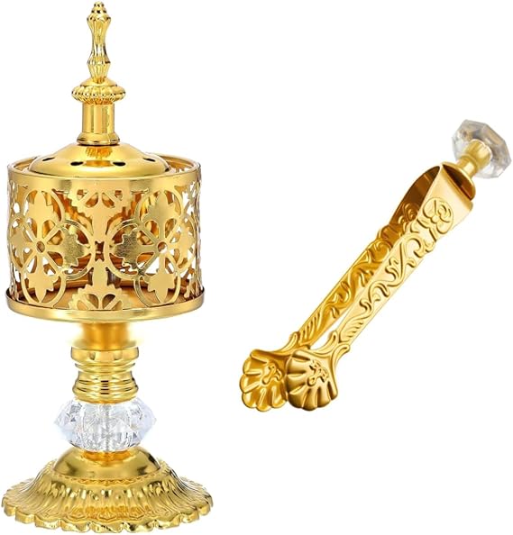 Gold Incense Burner with Tongs - Versatile Bakhoor Resin Thurible for Home, Yoga, Church & Spiritual Use