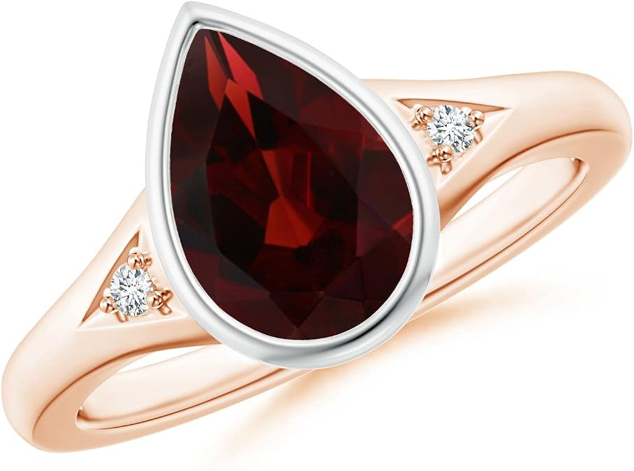 Angara Bezel-Set Pear-Shaped Garnet Ring with Diamonds in Sterling Silver/14K Solid Gold/Platinum | Natural Garnet Side Stone Ring for Women | January Birthday, Anniversary, Gemstone Jewelry Gift