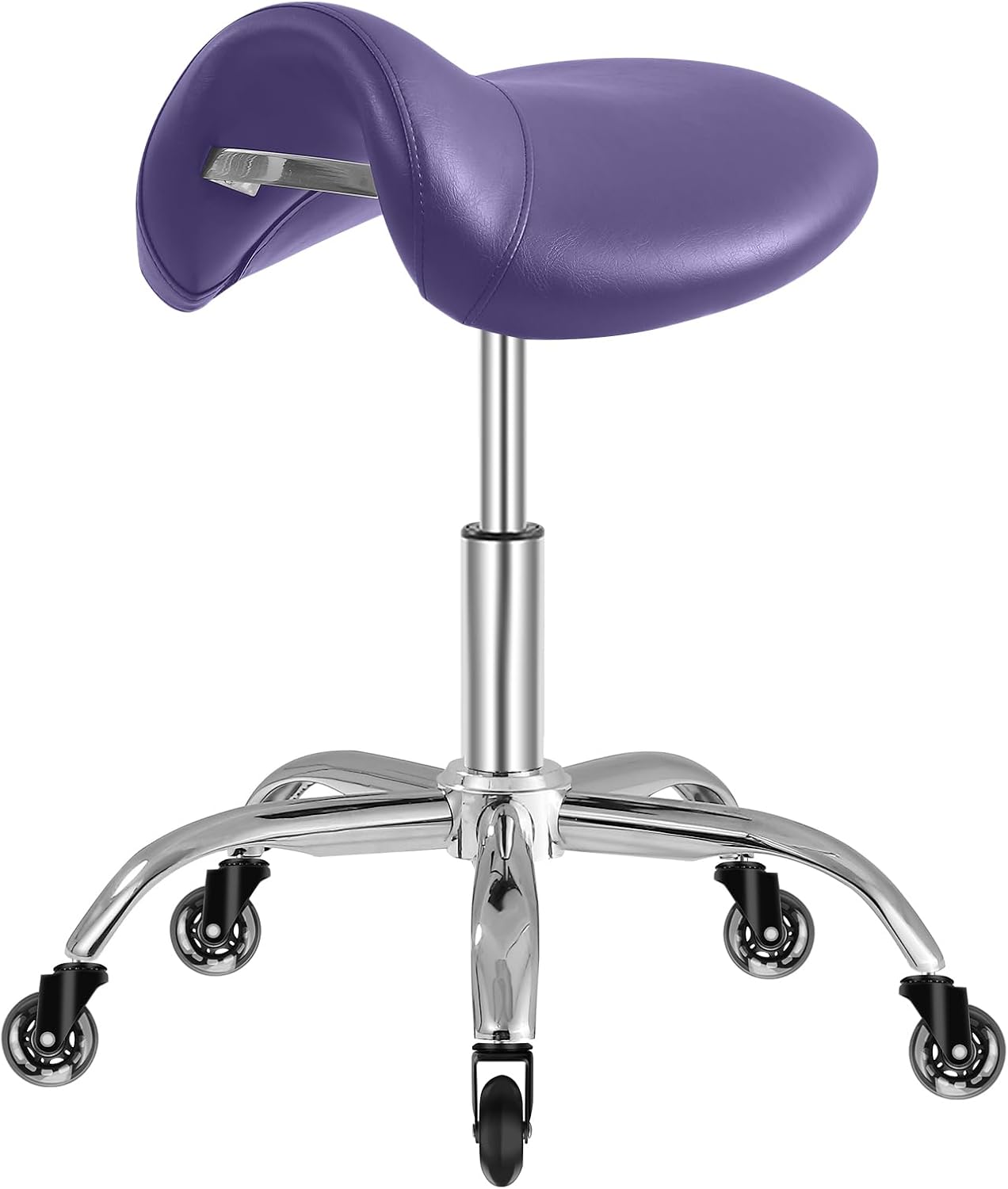 Saddle Stool with Wheels 300 lbs Weight Capacity, Heavy Duty Rolling Stool for Medical Massage Salon Kitchen Spa Drafting Nail-Tech,Height Adjustable,360 Swivel,Wide Thick Seat Padding Purple