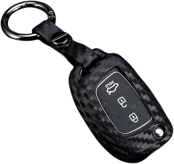 MissBlue Key Cover for Hyundai, Silicone TPU Soft Key Case, Car Key Holder Key Protector for Hyundai Creta Elantra I20 IX35 Mistra Santa Fe XL Sonata 9 Tucson - Carbon Fiber Pattern - Round Keychain