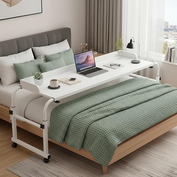 Overbed Table with Wheels, 120-210cm Adjustable Mobile Bed Desk for Queen/King Size Bed, Heavy Duty Cross Bed Table for Home & Hospital Use, Rolling Laptop Cart and Dining Table (White)