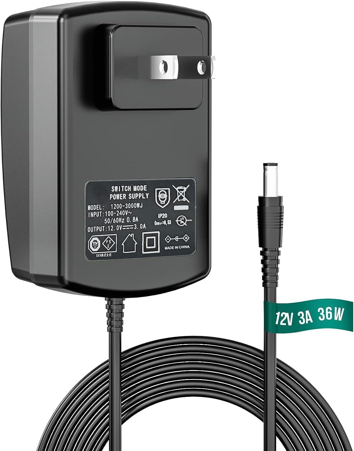 PSE Certified 12V 3A3000mA 1.8M Long Power Adapter, AC 100-240V to DC 12V 3A 36W Switching Adapter for 5.5x2.1mm Wall Transformer Plug, LED Strip Light, Massager, DVR NVR Surveillance Camera