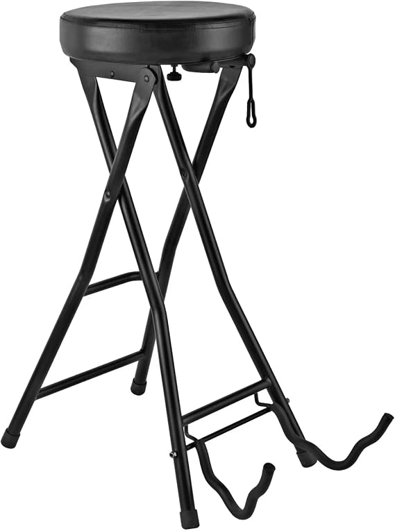Gearlux Foldable Guitar Stool with Padded Seat, Built-in Guitar Stand, and Molded Cradles for Acoustic, Electric, and Bass Guitars; Seat Height of 30 Inches