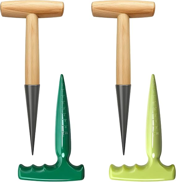 4pcs Handheld Digging Tools, 2 Seed Planter Tool Set with Wood Handle with 2 Plastic Planting Tools for Gardening, Transplanting, Seeding Ideal for Gardeners, Outdoor Use