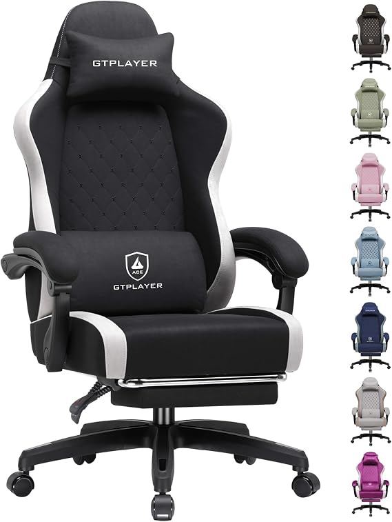 GTPLAYER Fabric Gaming Chair with Footrest, Ergonomic Computer Desk Chair with Pocket Spring Cushion Home Office High Back Support Lumbar Support Heavy Duty Wide