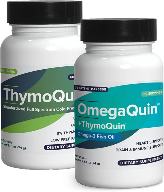 Super Health Dietary Supplement Pack of OMEGAQUIN Combo Pack of 3% Thymoquinone & Omega 3 for Heart, Brain, Skin, Joints, Metabolic & Immune Health | Vegan, Non-GMO Softgels, 1 Pack Each