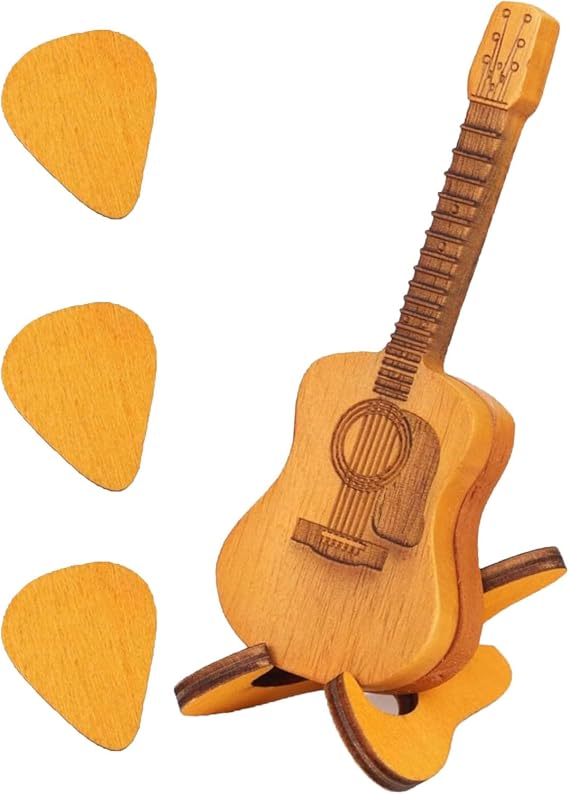 Wooden Guitar Pick Holder,3 PCS Cool Guitar Picks Case with Stand,Mini Engraved Wooden Acoustic Guitar Storage Box,Great Gift for Guitarists,Electric Bass Guitar, Ukulele and Instrument Lovers