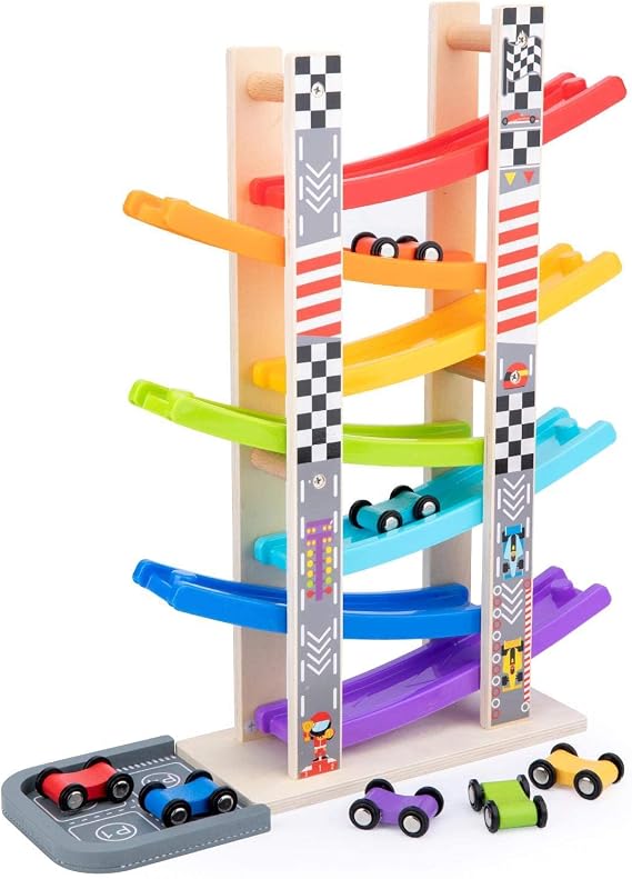 Toddler Toys for 1 2 3 Years Old, Wooden Car Ramp Racer Toy Vehicle Set with 7 Mini Cars & Race Tracks, Montessori Toys Craft Gift for Toddlers Boys and Girls