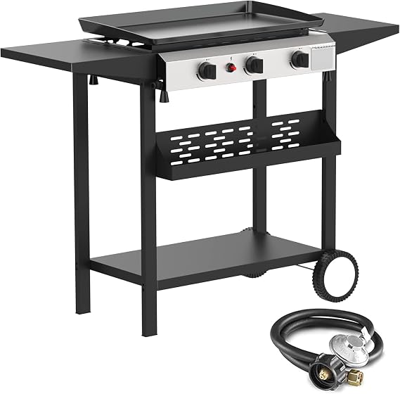 3 Burner BBQ Gas Griddle, 25.6 Inch Stainless Steel Portable Detachable Propane Griddle, 30,000 BTU Flat Top Barbecue Grill with Side Shelves for Camping