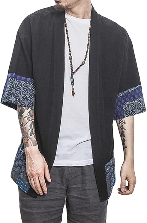 perdontoo Men's Casual Kimono Shirt Light Linen Short Sleeve Open Front Cardigan