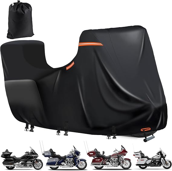 Motorbike Covers for Outside Storage with Side+Top Box,600D Heavy Duty Waterproof Motorcycle Cover for Touring Models Ultra Classic,Glold Wing,Rain,Anti-UV (118"X44"X56" Black)