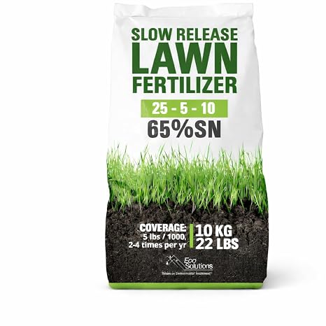 Slow Release Lawn Fertilizer 25-5-10 NPK - 65% Granular Nitrogen Formula for Deep Feeding up to 110 Days - 10kg (22lbs) Bag - Kid & Pet Safe Lawn Care for Lush Green Grass