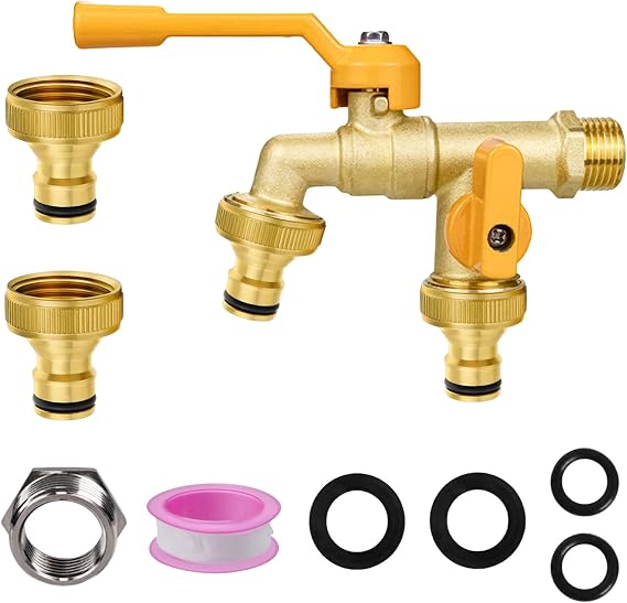 Double Garden Tap, 1/2-inch Garden Tap with Two 3/4-inch Brass Outdoor tap, Dual Ball Valve outlets with Dual Hose connectors, Rust-Proof and Freeze-Proof，Suitable for Gardens and Home Industries