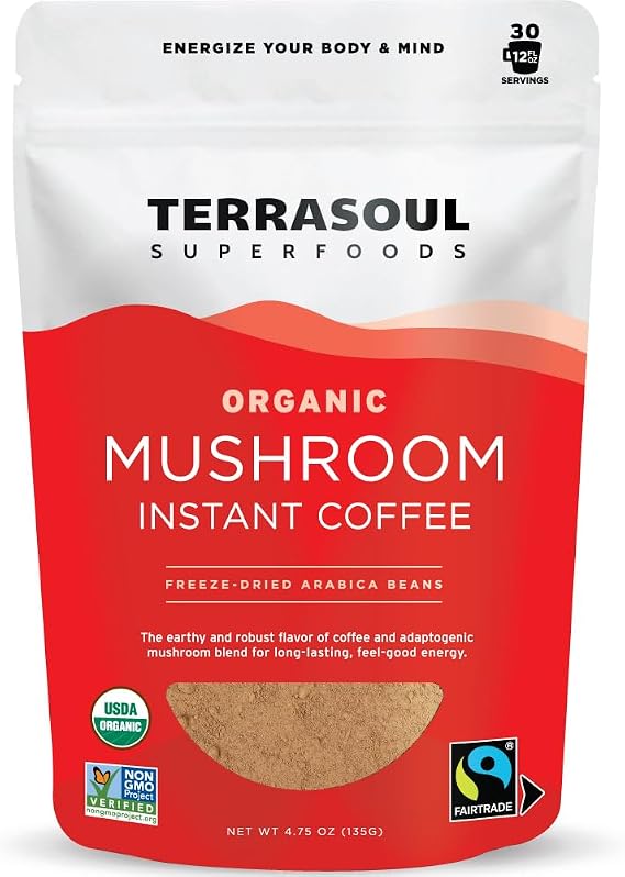 Terrasoul Superfoods Organic Instant Mushroom Coffee, 30 Servings, 4.75oz - Fair-Trade | Freeze-Dried | Medium Roast | Arabica Beans