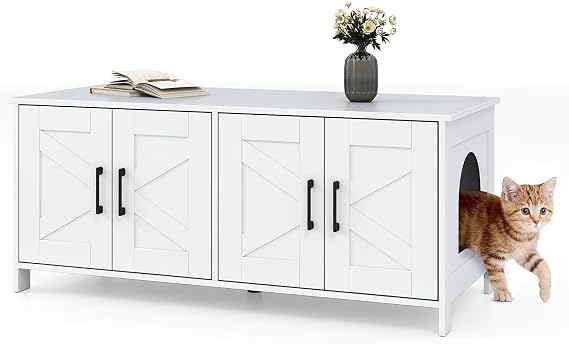 PETSITE Double Cat Litter Box Enclosure, Modern Litter Box TV Stand with Double Rooms, Wooden Litter Box Enclosure for 2 Litter Boxes, Dual Hidden Litter Box Furniture, 48 x 20 x 20 inches (White)