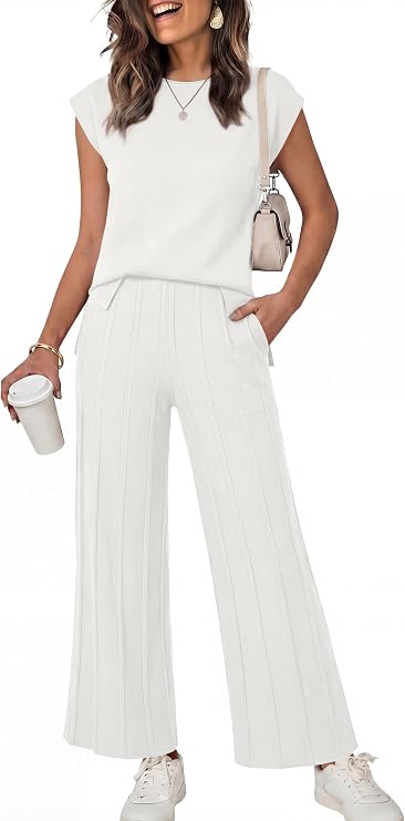 ANRABESS Two Piece Sets for Women Lounge Airport Fall Outfits | Cap Sleeve Sweater Top & Pleated Wide Leg Pants Matching Set,Summer Casual Fashion Clothing,Comfort Travel Vacation Outings
