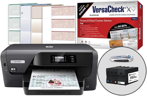 VersaCheck HP OfficeJet Pro 8210 MXE MICR Check Printer and VersaCheck X9 Platinum 5-User Check Printing Software Bundle, MICR Black & Color