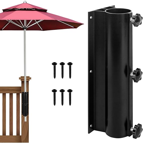 Patio Umbrella Holder, Umbrella Clamp Mount Bracket, Outdoor Umbrella Base, Deck Mount Umbrella Stand, Attaches to Railing Maximizing Patio Space and Shade