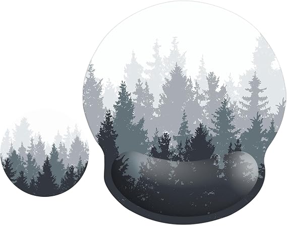 ITNRSIIET Mouse Pad and Coaster Set, Ergonomic Mouse Pad with Wrist Support, Non-Slip Rubber Base, Comfortable Memory Foam Wrist Rest Support and Cloth, Ink Painting Misty Forest