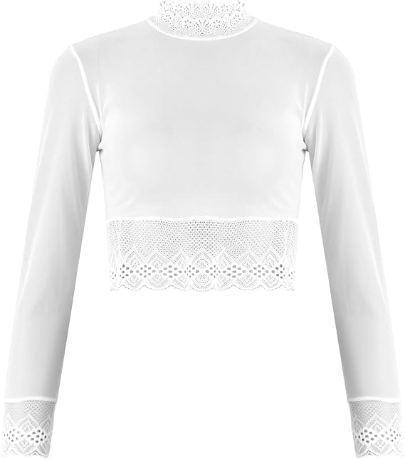 Freebily Women Long Sleeve See Through Shirt Mesh Crop Top Tee Transparent Lace Trim T-Shirt