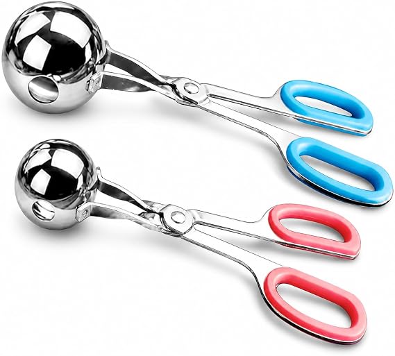 Non-Stick Meatball Maker with Detachable Anti-Slip Handles, Food Grade Stainless Steel Meat Baller Tongs, Cake Pop, Ice Tongs, Cookie Dough Scoop for Kitchen (1.38 & 1.89)