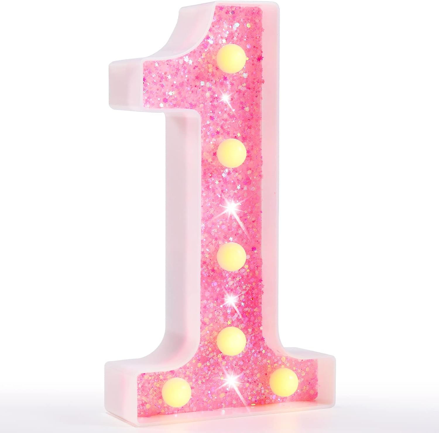 Pooqla Marquee Numbers Lights, light up Numbers Battery Powered, Glitter Lighted Numbers for Girls 1st Birthday Party, Shiny LED Numbers for Christmas Wedding Home Bar Decoration, Pink Number 1