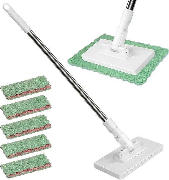 Adjustable 360° Mini Mop, Sweeper Mop Auto Clamp, Lazy Disposable Dust Mop Clip On, Reusable Cloths Cleaning Tool with 5 Reusable Cloths for Floor Kitchen Bathroom Wall, No-Touch, Wet & Dry Cleaning