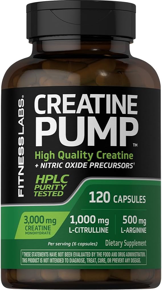 Fitness Labs Creatine Monohydrate Capsules | 3000mg |120 Count | Pump Supplement for Men and Women | Plus Nitric Oxide Precursor | Non-GMO and Gluten Free
