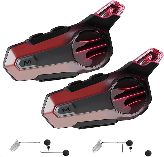 Motorcycle Bluetooth Headset for Wireless Dirt Bike 2 Riders 600M Intercom CVC Noise Cancellation Stereo HiFi Music IP67 Waterproof for Full Face Helmet with Tail Light (Red-Dual Pack)