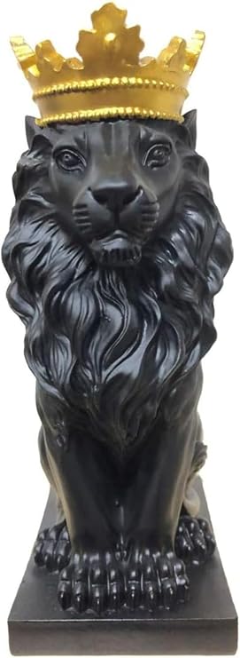 Lion Statue Outdoor Collectible Figurines - Gold Crown Black Standing Lion Home Decor for Desk Crafts Creative Gift (Black,Large)