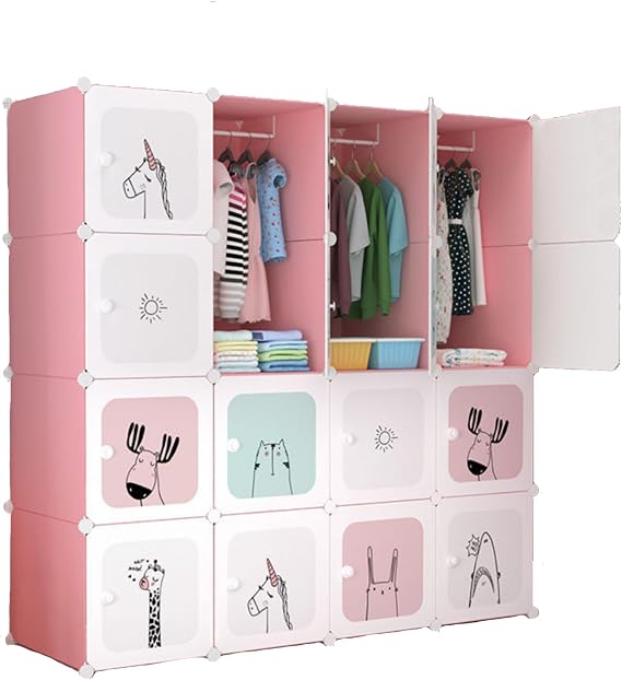 MAGIC SELECT Children's Modular Wardrobe, Modular Shelf, Modular Organizer, Storage Shelf for Bedroom, 16 Modules, 140 x 140 cm, Pink