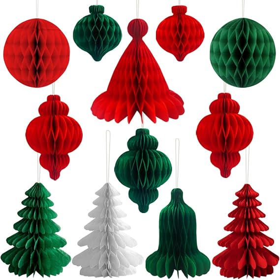 Yontree 12 Pieces Vintage Paper Christmas Decorations, Traditional Honeycomb Set for Xmas Party Room Decorations