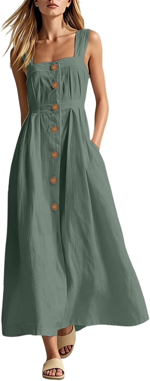 Women's Linen Sleeveless Maxi Dress Square Neck Boho Long Dress Spaghetti Strap Beach Vacation Sundress with Pockets
